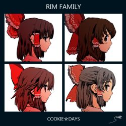 Rule 34 | 4girls, absurdres, album cover redraw, benikurage (cookie), black hair, bow, brown eyes, brown hair, closed mouth, commentary request, cookie (touhou), demon days (gorillaz), derivative work, english text, frilled bow, frills, gorillaz, hair between eyes, hair bow, hair tubes, hakurei reimu, highres, kanna (cookie), looking at viewer, looking to the side, medium hair, moriseishiro (uroshiiserimo), multiple girls, parody, portrait, profile, red bow, red eyes, reu (cookie), sananana (cookie), short hair, star (symbol), touhou, upper body, white background