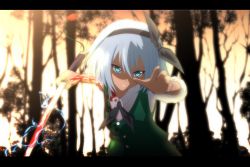 Rule 34 | 1girl, anime coloring, bad id, bad pixiv id, blood, blue eyes, electricity, female focus, forest, hair ribbon, headband, highres, katana, konpaku youmu, letterboxed, lightning, nature, open mouth, ribbon, short hair, silver hair, solo, sword, tomon (slash0410), touhou, weapon