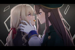 2girls blonde_hair brown_hair commentary from_side gloves green_hat hair_ribbon hand_on_another&#039;s_face hashtag-only_commentary hat highres letterboxed long_hair long_sleeves mouth_hold multiple_girls profile purple_eyes raven_(rnzraven) red_ribbon ribbon saijou_claudine shoujo_kageki_revue_starlight smile tendou_maya white_gloves yuri