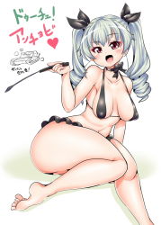 Rule 34 | 10s, 1girl, anchovy (girls und panzer), barefoot, bikini, blush, breasts, bukatsu (clubactivity), covered erect nipples, curvy, drill hair, female focus, girls und panzer, hair ornament, hair ribbon, long hair, looking at viewer, medium breasts, red eyes, ribbon, shiny skin, silver hair, sitting, smile, solo, swimsuit, thick thighs, thighs, translation request, twintails