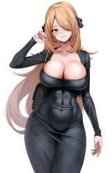 Rule 34 | 1girl, black bag, black eyes, blonde hair, breasts, cleavage, collarbone, commentary request, covered navel, creatures (company), cynthia (pokemon), dongtan dress, dress, game freak, hair ornament, hair over one eye, highres, large breasts, long hair, long sleeves, looking at viewer, meme attire, nintendo, pokemon, pokemon dppt, simple background, solo, volyz, white background