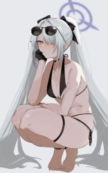 Rule 34 | 1girl, absurdres, barefoot, bikini, black bikini, black gloves, black ribbon, blue archive, blush, breasts, cleavage, closed mouth, commentary, dark-skinned female, dark skin, eyewear on head, gloves, gohan (gohanchang), grey hair, hair over one eye, hair ribbon, halo, highres, iori (blue archive), iori (swimsuit) (blue archive), long hair, looking at viewer, medium breasts, multi-strapped bikini bottom, pointy ears, red eyes, ribbon, side-tie bikini bottom, simple background, skindentation, solo, squatting, sunglasses, sweat, swimsuit, thigh strap, tiptoes, twintails, very long hair