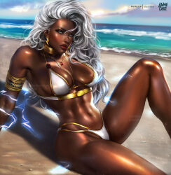 1girl absurdres armlet artist_name beach bikini cloud dark-skinned_female dark_skin deviantart_username electricity eyelashes gold_armlet grey_eyes grey_hair highres jewelry lips logan_cure long_hair marvel navel necklace ocean patreon_username sky solo storm_(x-men) swimsuit watermark wet white_bikini x-men