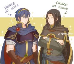 Rule 34 | 2boys, black hair, blue eyes, blue hair, cape, facial mark, fire emblem, fire emblem: mystery of the emblem, fire emblem: path of radiance, fire emblem heroes, long hair, looking at viewer, male focus, marth (fire emblem), multiple boys, nintendo, red eyes, smile, soren (fire emblem), sparkle, tiara, white background, yellow background