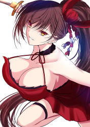 Rule 34 | 1girl, akeyama kitsune, azur lane, bare shoulders, breasts, brown eyes, brown hair, cleavage, dress, hair ornament, katana, large breasts, long hair, looking at viewer, no bra, parted lips, red dress, side ponytail, simple background, smile, solo, sword, thighs, weapon, white background, zuikaku (azur lane)