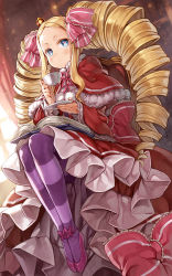 Rule 34 | 10s, 1girl, bad id, bad pixiv id, beatrice (re:zero), blonde hair, blue eyes, blurry, blush, book, bookshelf, bow, butterfly-shaped pupils, capelet, chair, closed mouth, crown, cup, curtains, depth of field, dress, drill hair, dutch angle, eyelashes, from below, from side, full body, fur trim, glint, hagure keg, hair ribbon, holding, holding cup, holding plate, indoors, library, long hair, long sleeves, looking to the side, mini crown, open book, pantyhose, pink bow, pink footwear, plate, pom pom (clothes), purple pantyhose, re:zero kara hajimeru isekai seikatsu, red dress, ribbon, saucer, shoes, sideways glance, sitting, solo, striped clothes, striped pantyhose, symbol-shaped pupils, teacup, twin drills, twintails, wide sleeves, window