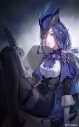 Rule 34 | 1girl, black hair, blue cape, blue hair, blue hat, breasts, cape, clorinde (genshin impact), corset, epaulettes, expressionless, feathers, genshin impact, gloves, gun, hat, hat feather, highres, holding, holding gun, holding weapon, long hair, medium breasts, purple eyes, solo, tricorne, uniform, weapon, white gloves, yulin tian