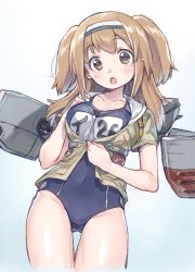 Rule 34 | 10s, 1girl, :o, blue background, blush, breasts, cleavage, clothes writing, collarbone, covered erect nipples, hairband, highres, i-26 (kancolle), kantai collection, light brown hair, long hair, machinery, name tag, new school swimsuit, one-piece swimsuit, open mouth, rojiko, sailor collar, school swimsuit, short sleeves, simple background, solo, swimsuit, swimsuit under clothes, two-tone hairband, two side up, white background