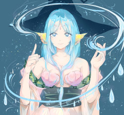 Rule 34 | 1girl, bad id, bad pixiv id, bare shoulders, between breasts, blue eyes, blue hair, breasts, cleavage, front ponytail, hair between breasts, hat, highres, long hair, looking at viewer, magi the labyrinth of magic, matching hair/eyes, shell, shell bikini, smile, solo, wenlu an, witch hat, yamuraiha