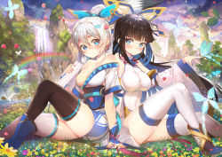 Rule 34 | 2girls, arm support, asymmetrical legwear, black hair, black legwear, blue eyes, blue hair, blue ribbon, blunt bangs, breasts, bug, butterfly, cleavage, cloud, cloudy sky, covered navel, day, detached sleeves, field, floating hair, flower, flower field, hair ribbon, high ponytail, highres, insect, large breasts, long hair, medium breasts, multicolored hair, multiple girls, outdoors, pink ribbon, rainbow, repi, ribbon, sangai senki, silver hair, sitting, sky, smile, thighhighs, tree, two-tone hair, uneven legwear, very long hair, water, white legwear