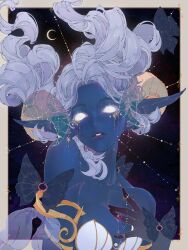 Rule 34 | 1girl, absurdres, black background, blue lips, blue skin, breasts, cleavage, colored skin, crescent moon, curled horns, elliemaplefox, floating hair, glowing, glowing eyes, hand up, highres, horns, jewelry, long hair, looking ahead, monster girl, moon, night, night sky, no pupils, original, parted lips, pointy ears, ring, sky, solo, teeth, upper body, white eyes, white hair