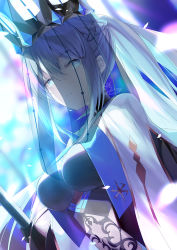 Rule 34 | 1girl, blue eyes, braid, breasts, crown, fate/grand order, fate (series), french braid, grey hair, kagachi saku, large breasts, long hair, looking at viewer, morgan le fay (fate), morgan le fay (queen of winter) (fate), ponytail, sidelocks, solo, veil, very long hair