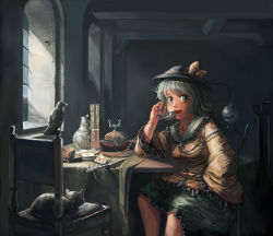 Rule 34 | 1girl, amibazh, antique phone, aqua eyes, bird, blouse, card, cat, chair, commentary request, crow, eyebrows, fine art parody, frilled sleeves, frills, green skirt, hat, hat ribbon, indoors, knife, komeiji koishi, long sleeves, looking at viewer, open mouth, parody, phone, pitcher (container), playing card, ribbon, rotary phone, shirt, sitting, skirt, solo, table, tablecloth, talking on phone, third eye, touhou, wide sleeves, window, yellow shirt