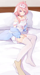 Rule 34 | 1girl, absurdres, ahoge, animal ears, arm support, atsuishio, bed sheet, bell, blue jacket, bow, breasts, chinese commentary, choker, collarbone, commentary request, cropped shirt, drop earrings, earrings, extra ears, eye mask, floppy ears, frilled shirt collar, frilled shorts, frilled straps, frills, frown, heart, heart-shaped pupils, heart ahoge, heart earrings, high-waist shorts, highres, indie virtual youtuber, jacket, jewelry, jingle bell, leg grab, light blue jacket, light blush, looking at viewer, lop rabbit ears, low twintails, lying, mask, medium breasts, medium hair, neck bell, no shoes, off-shoulder shirt, off shoulder, official alternate costume, on side, pajamas, pillow, pink bow, pink choker, pink eyes, pink hair, pink ribbon, pov, pov hands, puffy shorts, rabbit ears, rabbit mask, ribbon, ribbon-trimmed shirt, shirako (vtuber), shirt, shorts, shy, sidelocks, sitting, sleep mask, small breasts, solo, symbol-shaped pupils, thighhighs, twintails, virtual youtuber, white shirt, white shorts, white thighhighs, yokozuwari