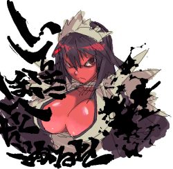 Rule 34 | 1girl, angry, black hair, breasts, cleavage, colored skin, dark persona, female focus, iroha (samurai spirits), large breasts, looking at viewer, maid, maid headdress, red eyes, red skin, samurai spirits, serious, shiny skin, snk, translation request