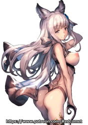 Rule 34 | 10s, 1girl, animal ears, ass, breasts, cowboy shot, granblue fantasy, grey eyes, korwa, long hair, looking at viewer, medium breasts, nipples, nude, perky breasts, redcomet, ribbon, silver hair, simple background, smile, solo, watermark, web address, white background, white ribbon