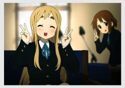 Rule 34 | 2girls, black jacket, blazer, blonde hair, blue ribbon, blurry, blurry background, blush, brown hair, buttoned cuffs, buttons, closed eyes, commentary request, double v, highres, hirasawa yui, indoors, jacket, k-on!, kicchi (tmgk), kotobuki tsumugi, long hair, long sleeves, looking at viewer, microphone stand, multiple girls, neck ribbon, open mouth, ribbon, school uniform, short hair, teeth, thick eyebrows, upper teeth only, v, window