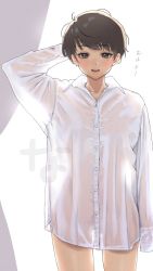 Rule 34 | 1girl, arm behind head, brown eyes, brown hair, collared shirt, commentary request, dress shirt, highres, long sleeves, looking at viewer, naked shirt, nanja, original, parted lips, see-through, shirt, short hair, simple background, solo, translation request, watermark, white shirt