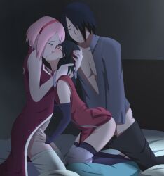 Rule 34 | 1boy, 2girls, arm around neck, bangle, bed, bed sheet, bedroom, bisexual female, black gloves, black hair, black thighhighs, boruto: naruto next generations, bracelet, closed mouth, clothes pull, dress, elbow gloves, facial mark, family, father and daughter, ffm threesome, fingerless gloves, forehead mark, forehead protector, glasses, gloves, green eyes, group sex, hair over one eye, hairband, half-closed eyes, hand on another&#039;s head, haruno sakura, headband, hetero, highres, husband and wife, incest, jewelry, kiss, kneeling, long sleeves, mother and daughter, multiple girls, naruto (series), on bed, optimystic, oyakodon (sex), pants, pants pull, pink hair, red-framed eyewear, red dress, red hairband, red headband, sex, sex from behind, short hair, shorts, shorts pull, sleeveless, sleeveless dress, stirrup legwear, thighhighs, thighs, threesome, toeless legwear, uchiha sarada, uchiha sasuke, white pants, white shorts