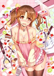 Rule 34 | 10s, 1girl, :o, apron, apron pull, bad id, bad pixiv id, bare shoulders, between breasts, blueberry, blush, bow, bowl, breasts, brown eyes, brown hair, brown thighhighs, cake, cake slice, cherry, chocolate, cleavage, clothes pull, collarbone, cookie, cracker, cream, cutting board, dutch angle, embarrassed, failure, female focus, food, food on body, fruit, head tilt, heart, heart necklace, highres, icing, idolmaster, idolmaster cinderella girls, indoors, jewelry, kiwi (fruit), ladle, large breasts, lemon, looking at viewer, miniskirt, muffin, necklace, off shoulder, pendant, pineapple, pineapple slice, pink skirt, pink theme, plaid, plaid skirt, ratio (ratio-d), red bow, red ribbon, ribbon, short hair, skirt, solo, standing, strawberry, striped, sweater, sweets, tears, thighhighs, tools, totoki airi, two side up, vertical stripes, wavy mouth, zettai ryouiki