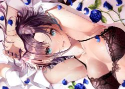 Rule 34 | 1girl, absurdres, aqua eyes, arms up, asakura toru, blue flower, blue hair, blue rose, bra, breasts, flower, gradient hair, hair between eyes, hand on own head, highres, idolmaster, idolmaster shiny colors, lace, lace-trimmed bra, lace trim, light blush, looking at viewer, lying, medium breasts, multicolored hair, open mouth, petals, puni (punycolors), purple hair, rose, rose petals, solo, sweat, underwear, upper body
