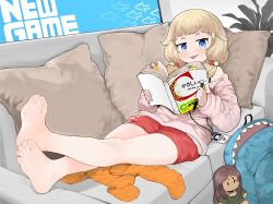 Rule 34 | 1girl, absurdres, ahagon umiko, animal bag, backpack, bag, barefoot, blonde hair, blue eyes, book, c++ (programming language), character doll, closed mouth, couch, cushion, doll, female pubic hair, full body, highres, holding, holding book, id card, indoors, jacket, japanese text, jitome, lanyard, long hair, looking at viewer, menthako, new game!, open book, pantyhose, pink jacket, pubic hair, red shorts, sakura nene, shark bag, shorts, sitting, smile, soles, solo, toes, tongue, tongue out, twintails, unworn pantyhose