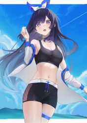 Rule 34 | 1girl, a-soul, bella (a-soul), black shorts, black sports bra, blue bow, blue sky, bow, breasts, cleavage, cloud, daiiichukiii, day, hair bow, hand up, highres, jacket, legs together, letterboxed, long hair, long sleeves, looking at viewer, medium breasts, midriff, mole, mole under eye, navel, off shoulder, open clothes, open jacket, open mouth, outdoors, outside border, purple eyes, purple hair, shorts, sky, solo, sports bra, standing, stomach, tareme, thigh strap, unzipped, virtual youtuber, white bow, white jacket, wireless earphones