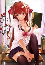 Rule 34 | 1girl, absurdres, black thighhighs, book, bra, bracelet, breasts, brown hair, chair, character request, cleavage, copyright request, desk, detexted, flower, highres, indoors, jewelry, knee up, lingerie, looking at viewer, machimura komori, on desk, open clothes, open shirt, panties, pantyshot, pink bra, pink panties, plant, polka dot, polka dot bra, red eyes, red flower, red rose, rose, school desk, seductive smile, shirt, sitting, on desk, smile, sunlight, table, thighhighs, third-party edit, thorns, underwear, vase, white shirt