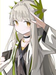 Rule 34 | 1girl, absurdres, arknights, arm up, black choker, blush, brown eyes, choker, closed mouth, grey hair, grey shirt, hair intakes, highres, jacket, long hair, long sleeves, mole, mole under eye, muelsyse (arknights), open clothes, open jacket, salute, shirt, simple background, smile, solo, spam (spamham4506), very long hair, white background, white jacket