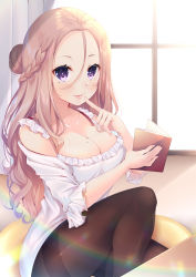 Rule 34 | 1girl, bare shoulders, blush, book, braid, breasts, brown pantyhose, cleavage, closed mouth, commentary request, day, dress, finger to mouth, fingernails, forehead, hair between eyes, hair bun, highres, holding, holding book, indoors, ko yu, large breasts, light brown hair, long hair, mole, mole on breast, mole under eye, off-shoulder dress, off shoulder, open book, original, pantyhose, parted bangs, purple eyes, single hair bun, sitting, smile, solo, sunlight, thighband pantyhose, very long hair, white dress, window