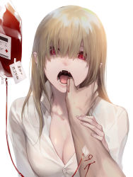 Rule 34 | 1girl, absurdres, bite mark, blood, blood bag, blood drip, blunt bangs, breasts, brown hair, buttons, cleavage, collared shirt, cross, cuts, empty eyes, eyelashes, fangs, finger in another&#039;s mouth, fingernails, hair over eyes, hand on another&#039;s arm, highres, holding another&#039;s arm, injury, long hair, looking at viewer, luen kulo, medium breasts, note, open mouth, original, pointy ears, pov, pov hands, red cross, red eyes, shaded face, shirt, simple background, solo focus, sweat, tongue, translation request, uvula, vampire, veins, white background, white shirt