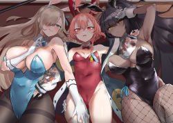 Rule 34 | 3girls, absurdres, alternate costume, animal ears, arm up, armpits, asuna (blue archive), asuna (bunny) (blue archive), bare legs, black hair, blonde hair, blue archive, blue eyes, blush, braid, breasts, cameltoe, covered navel, curvy, dark-skinned female, dark skin, detached collar, fake animal ears, fishnets, gloves, groin, hair over eyes, hand on another&#039;s thigh, highleg, highleg leotard, highres, jacket, karin (blue archive), karin (bunny) (blue archive), large breasts, leg grab, leotard, long hair, lying, mole, mole on breast, multiple girls, neru (blue archive), neru (bunny) (blue archive), official alternate costume, on back, pantyhose, playboy bunny, ponytail, qianshui baodan, rabbit ears, rabbit tail, red eyes, red hair, scowl, shiny clothes, shiny skin, short hair, slit pupils, small breasts, smile, sukajan, thighband pantyhose, thong leotard, very long hair, wide hips, wrist cuffs, yellow eyes