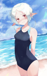 Rule 34 | 1girl, arms behind back, beach, blue one-piece swimsuit, commentary request, competition school swimsuit, elf, looking at viewer, mushoku tensei, nakami chihiro, ocean, one-piece swimsuit, pointy ears, red eyes, school swimsuit, short hair, smile, solo, spoilers, standing, swimsuit, sylphiette (mushoku tensei), white hair