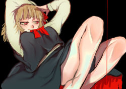 Rule 34 | absurdres, arms behind head, ascot, bare legs, barefoot, black dress, blonde hair, blood, collared shirt, dress, hair ribbon, highres, looking to the side, one-hour drawing challenge, red ascot, red eyes, red ribbon, ribbon, rumia, shirt, short hair, solo, touhou, white shirt, yamazaki tsukune