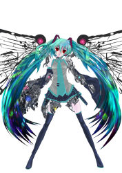 Rule 34 | android, boots, detached sleeves, green hair, hatsune miku, long hair, mechanical parts, necktie, red eyes, skirt, solo, teruru, thigh boots, thighhighs, twintails, very long hair, vocaloid