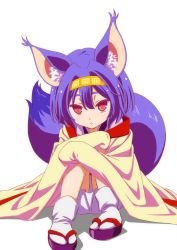 Rule 34 | 1girl, animal ear fluff, animal ears, blue hair, blush, closed mouth, eyebrows, hair between eyes, hairband, hatsuse izuna, headband, holding legs, japanese clothes, kimono, light purple hair, looking at viewer, no game no life, ooya kouji, red eyes, sandals, simple background, sitting, solo, tail, tail raised, white background