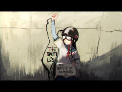 Rule 34 | 10s, 1girl, black hair, clenched hand, crack, cracked wall, goggles, graffiti, helmet, holding, holding sign, kantai collection, ken sogen, letterboxed, long hair, necktie, ooyodo (kancolle), red necktie, red ribbon, ribbon, school uniform, serafuku, sign
