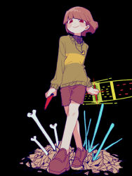 1other androgynous arrow_(projectile) black_background blunt_bangs blush_stickers bone brown_footwear brown_hair brown_shorts chara_(undertale) child full_body green_sweater heart_pendant highres holding holding_knife knife loafers looking_at_viewer other_focus red_eyes shards shoes short_hair shorts smile solo sweater tadeno undertale