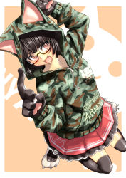 Rule 34 | 1girl, :3, animal ears, animal hands, bad id, bad pixiv id, black hair, bob cut, camouflage, cat ears, cat paws, cat tail, face, fang, highres, hood, hoodie, one eye closed, open mouth, original, red eyes, shiba itsuki, short hair, skirt, slit pupils, smile, solo, tail, thighhighs, wink