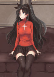 Rule 34 | 1girl, absurdres, black hair, black thighhighs, blue eyes, breasts, couch, fate/stay night, fate (series), highres, long hair, medium breasts, sketch, skirt, solo, thighhighs, tohsaka rin, twintails, two side up, wenhe, zettai ryouiki