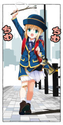 Rule 34 | 1girl, aged down, alternate costume, arm up, artoria pendragon (all), artoria pendragon (fate), backpack, bag, bandaid, bandaid on knee, bandaid on leg, blonde hair, blue hat, blue jacket, blue ribbon, border, braid, brown bag, brown footwear, child, clotheslining, collared shirt, commentary request, fate (series), full body, green eyes, hair ribbon, hat, highres, holding, holding stick, jacket, lamppost, looking at viewer, neck ribbon, open mouth, pleated skirt, ribbon, saber (fate), shirt, shoes, short hair, skirt, socks, solo, stick, stone floor, tsukumo (soar99), white border, white socks