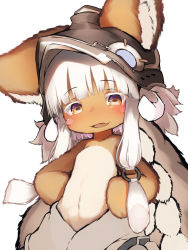Rule 34 | 1other, absurdres, ambiguous gender, animal ears, animal helmet, blush, blush stickers, fang, flat chest, from below, furry, hands on own hips, hat, highres, horizontal pupils, long hair, looking at viewer, made in abyss, nanachi (made in abyss), navel, open mouth, pants, rabbit ears, sidelocks, skin fang, smile, tab head, topless, very long hair, whiskers, white hair, yellow eyes
