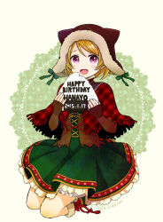 Rule 34 | 1girl, artist name, bitten, blush, brown hair, brown headwear, capelet, chullo, corset, cross-laced clothes, dated, elbow gloves, fingerless gloves, floral print, food, gloves, green skirt, happy birthday, hirako, knees together feet apart, koizumi hanayo, layered skirt, looking at viewer, love live!, love live! school idol festival, love live! school idol project, onigiri, open mouth, purple eyes, red capelet, short hair, skirt, smile, solo, winter clothes