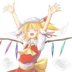 Rule 34 | 1girl, arms up, ascot, blonde hair, blush, closed eyes, embodiment of scarlet devil, female focus, flandre scarlet, happy, hat, highres, hisumi, open mouth, paper, short hair, side ponytail, simple background, solo, touhou, wings