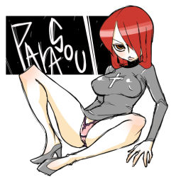 Rule 34 | 1girl, breasts, character name, cross, dress, hair over one eye, high heels, impossible clothes, impossible dress, large breasts, long hair, looking at viewer, panties, pantyshot, parasoul (skullgirls), red hair, shoes, short dress, simple background, skullgirls, solo, spread legs, underwear, white background, zukizuki