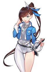 Rule 34 | 1girl, absurdres, asymmetrical legwear, black survival, blouse, bow, brown hair, cameltoe, fiora pellerin, green eyes, grey shirt, hair bow, highres, long hair, looking at viewer, obex117, open mouth, ponytail, rapier, shirt, simple background, sword, tagme, uneven legwear, very long hair, weapon, white background