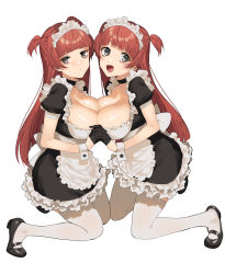 Rule 34 | 2girls, 2l (2lsize), apron, black choker, black dress, black footwear, black gloves, blush, breast press, breasts, choker, cleavage, closed eyes, commentary request, dress, frilled dress, frills, from side, full body, gloves, grey eyes, highres, interlocked fingers, kneeling, large breasts, looking at viewer, maid, maid apron, maid headdress, multiple girls, open mouth, original, puffy short sleeves, puffy sleeves, shiny skin, short sleeves, siblings, simple background, sisters, symmetrical docking, thighhighs, two side up, white background, white legwear, wrist cuffs