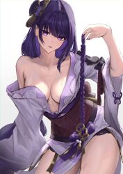 Rule 34 | 1girl, absurdres, bakemonsou, breasts, cleavage, commentary request, genshin impact, hair ornament, highres, japanese clothes, kimono, large breasts, long hair, long sleeves, looking at viewer, nail polish, off shoulder, paid reward available, parted lips, purple eyes, purple hair, purple kimono, purple nails, raiden shogun, sash, simple background, single bare shoulder, solo, thighs, white background