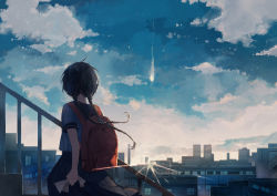 Rule 34 | 1girl, backpack, bag, black hair, black skirt, blue shirt, blue sky, braid, city, cityscape, cloud, cloudy sky, day, facing away, from behind, highres, holding, holding paper, long hair, meteorite (object), original, outdoors, paper, railing, shirt, short sleeves, skirt, sky, solo, stairs, standing, sunlight, tatsumi3, twin braids