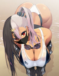 Rule 34 | 1girl, ass, black hair, breasts, cleavage, ear piercing, earrings, eyes visible through hair, goggles, goggles around neck, huge ass, indie virtual youtuber, jewelry, large breasts, long hair, looking at viewer, mask, mole, mole on breast, mole under eye, mouth mask, multicolored hair, piercing, pink hair, red eyes, satou daiji, solo, swimsuit, tan, tanline, towa (towa akqj10), virtual youtuber